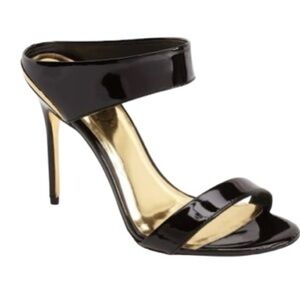 TED BAKER Chablise high shine  gloss black patent leather stiletto sandal mules